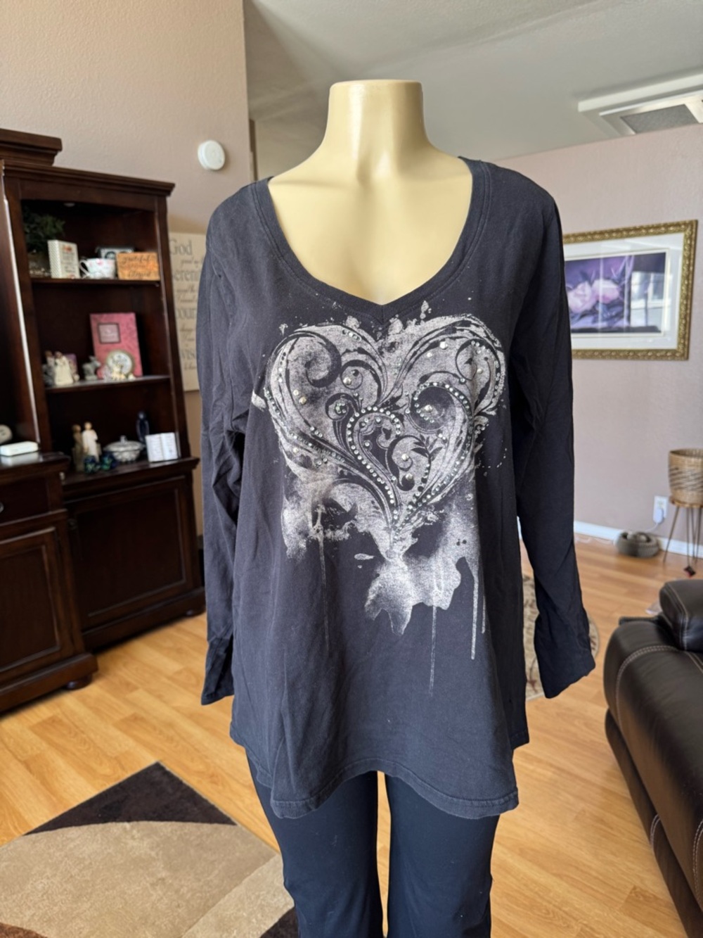 Lane Bryant black long sleeve Vneck top with large silver heart-size 18